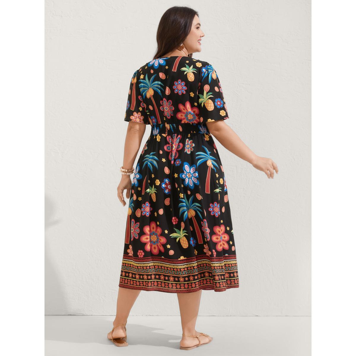 Plus Size Rayon Tropical Floral Shirred Waist Midi Dress Black Women V-neck Short sleeve Curvy BloomChic 28/5X Product Image