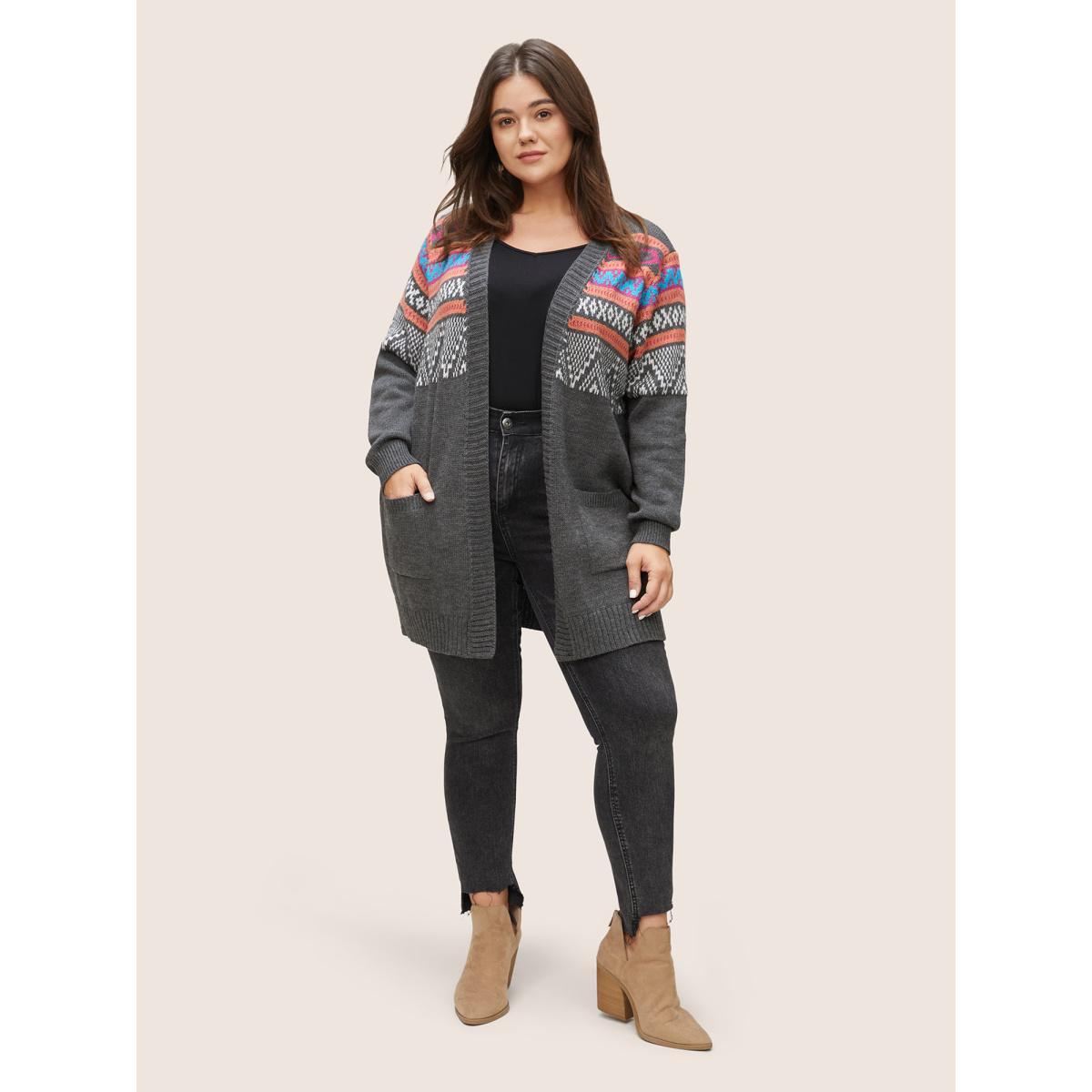 Plus Size Boho Contrast Jacquard Patched Pocket Cardigan Multicolor Women Casual Loose Long Sleeve Dailywear Cardigans BloomChic 30/6X Product Image