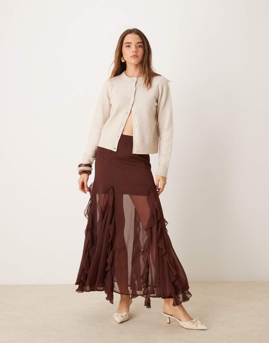 Miss Selfridge godet insert maxi skirt in brown Product Image