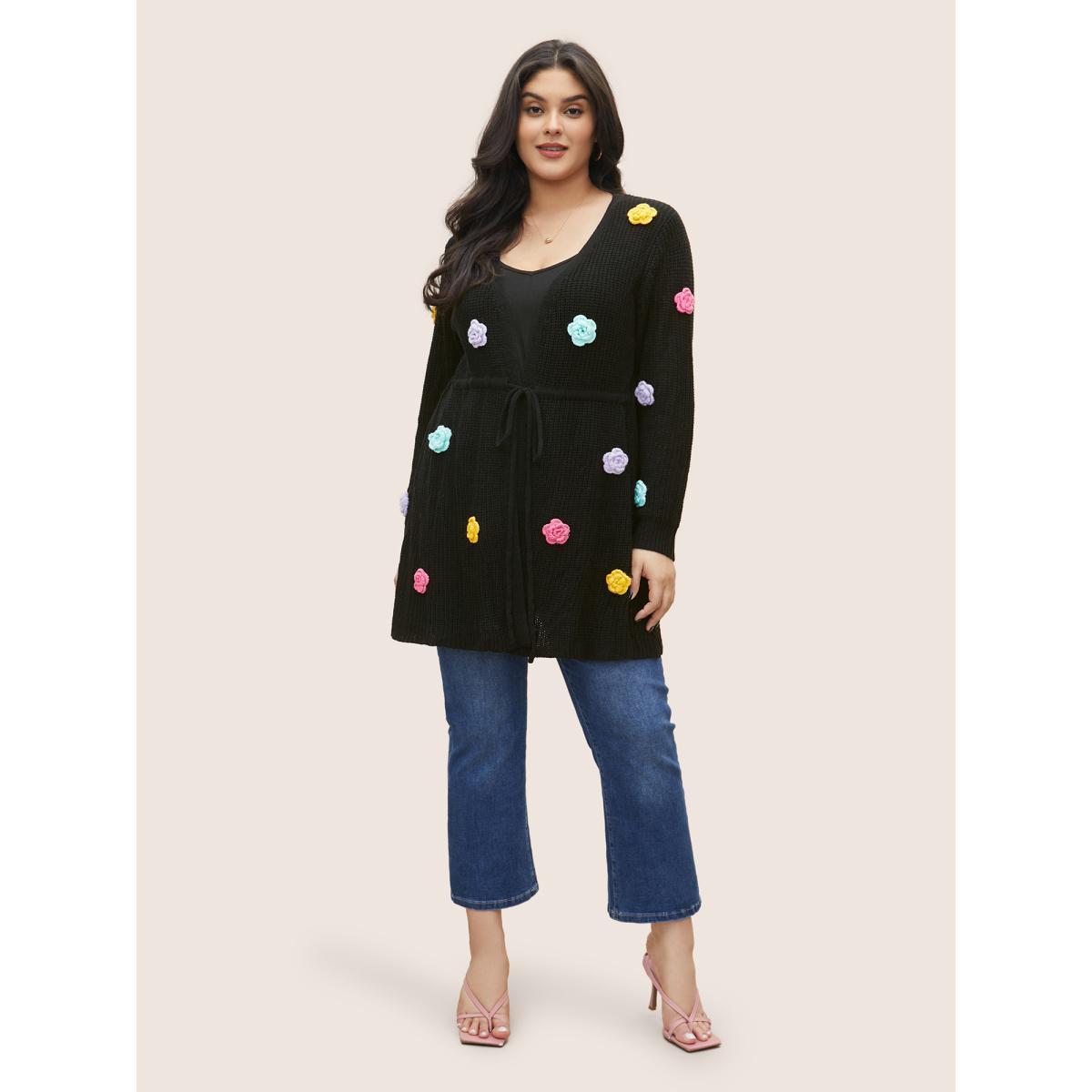Plus Size Colored Floral Plisse Drawstring Tunic Cardigan Black Women Vacation Loose Long Sleeve Dailywear Cardigans BloomChic 18-20/2X Product Image
