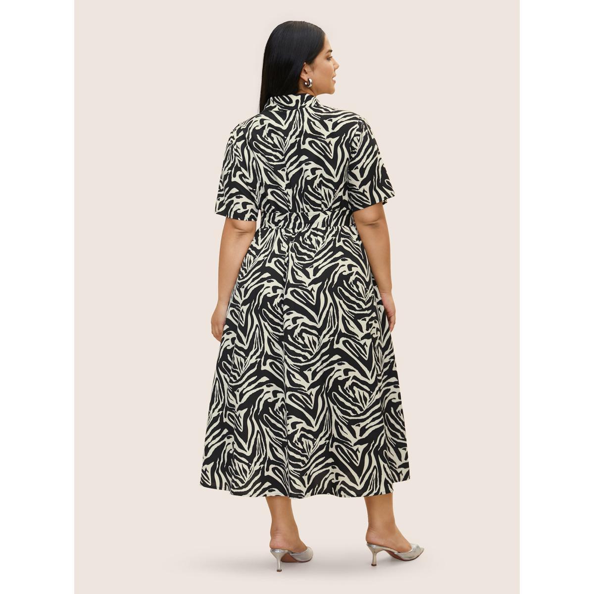 Plus Size Zebra Print Shirt Collar Belted Dress Black Women At the Office Belted Shirt collar Half Sleeve Curvy BloomChic 12/L Product Image