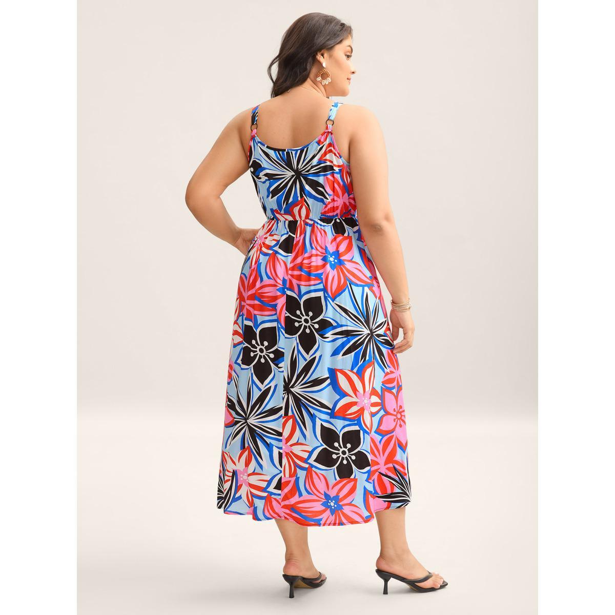 Plus Size Rayon Tropical Print Spliced Webbed Midi Dress Multicolor Women Square Neck Sleeveless Curvy BloomChic 26/4X Product Image