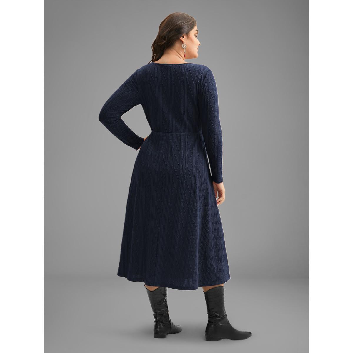 Plus Size Textured Knit Fit-And-Flare Midi Dress Midnight Women Casual Texture Round Neck Long Sleeve Curvy BloomChic 14-16/1X Product Image