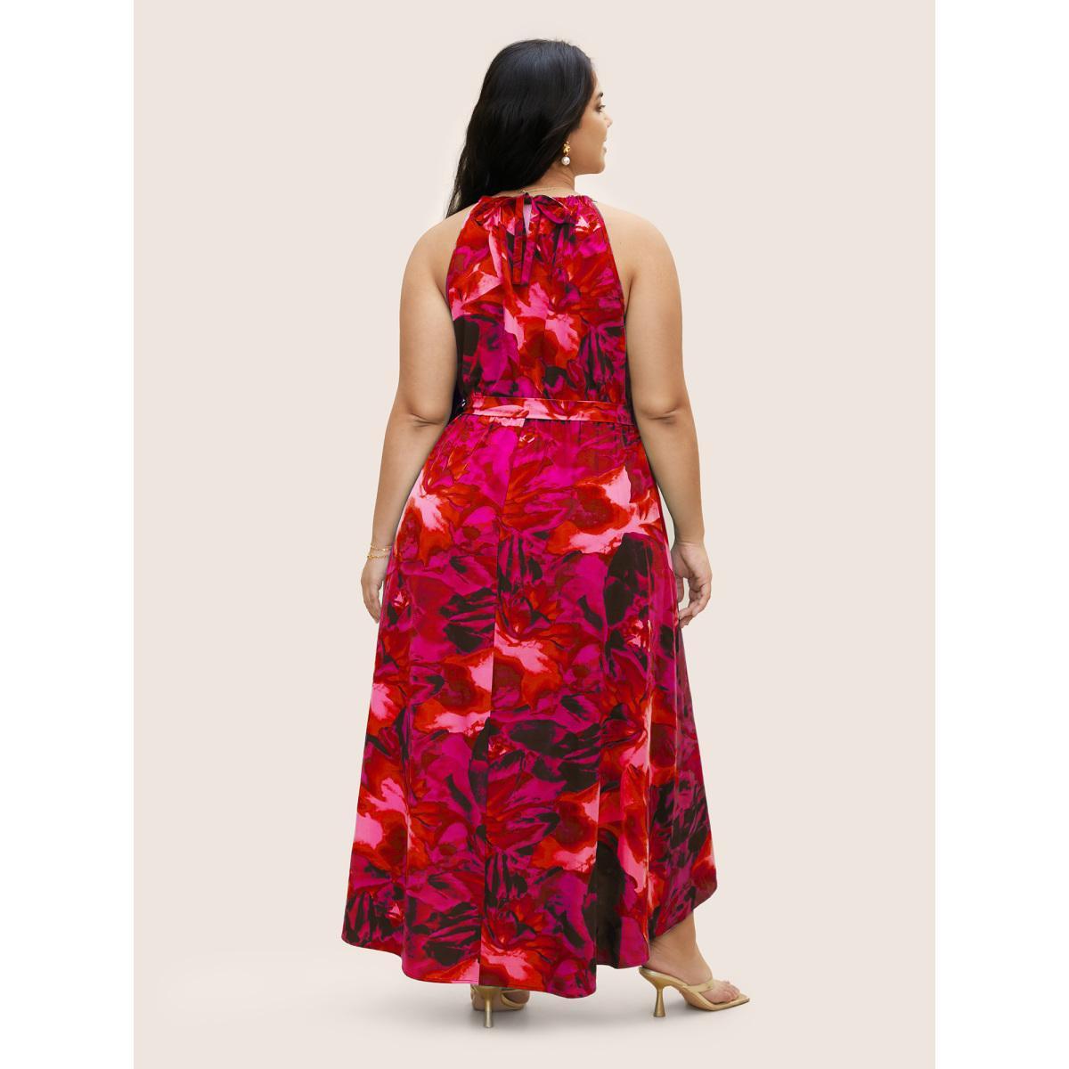 Plus Size Halter Watercolor Floral Belted Dress Crimson Women Elegant Gathered Halter neck Sleeveless Curvy BloomChic 30/6X Product Image