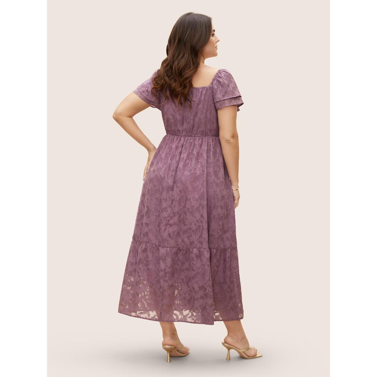 Plus Size Heart Neckline Jacquard Tiered Ruffle Sleeve Dress Mauve Women Elegant Texture V-neck Cap Sleeve Curvy BloomChic 30/6X Product Image