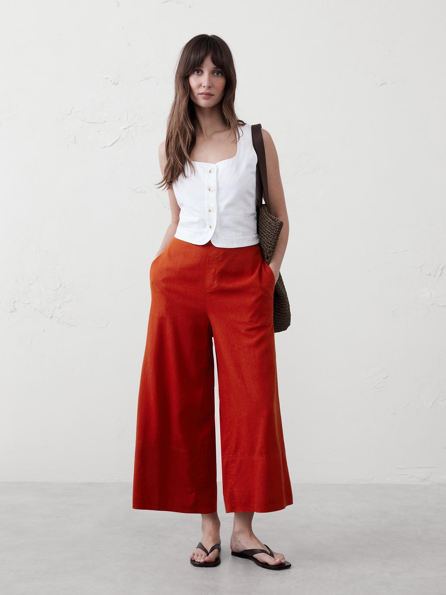 Wide-Leg Linen-Blend Cropped Pull-On Pant Product Image