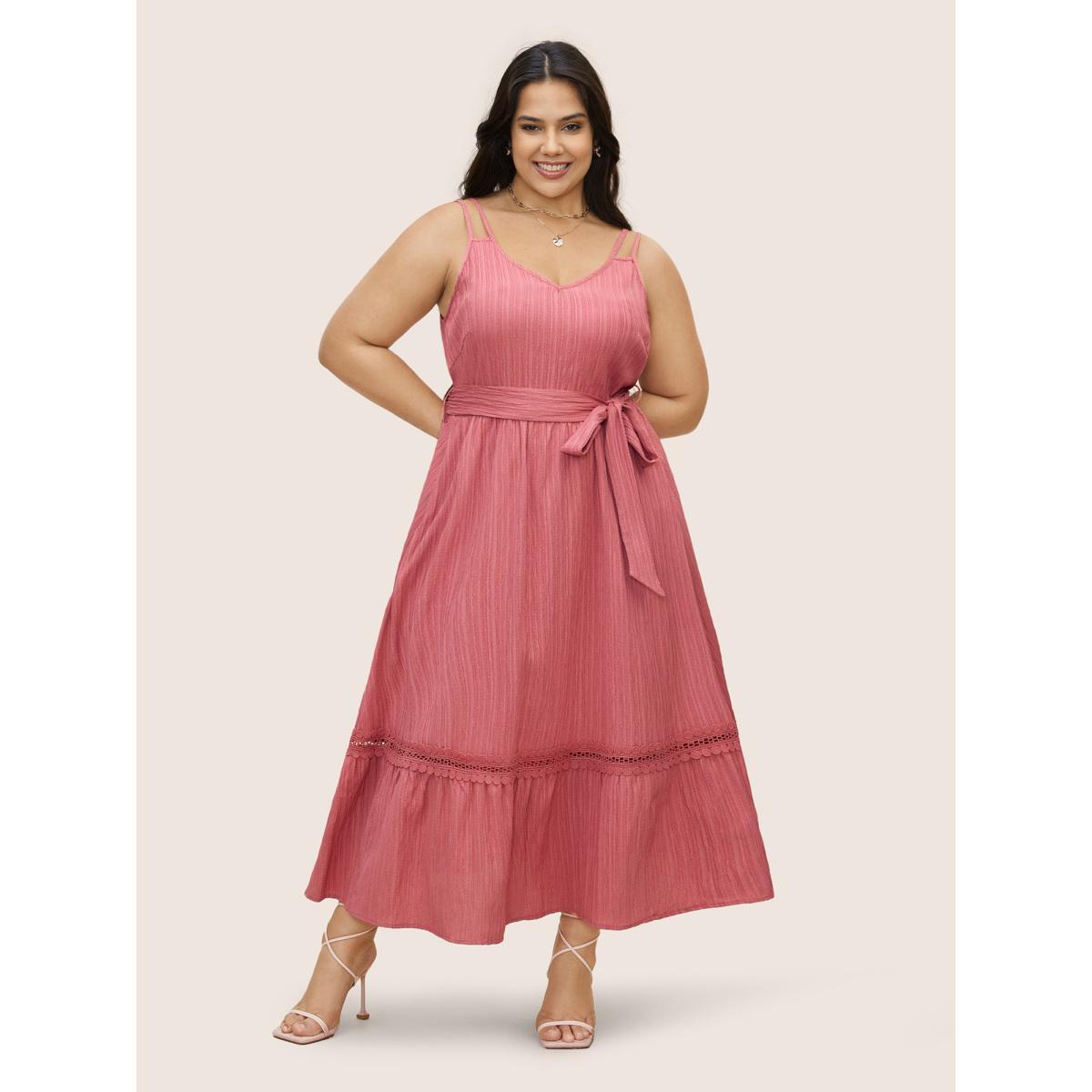 Plus Size Plain Texture Woven Ribbon Belted Dress Watermelon Women Elegant Woven ribbon&lace trim V-neck Sleeveless Curvy BloomChic 22-24/3X Product Image