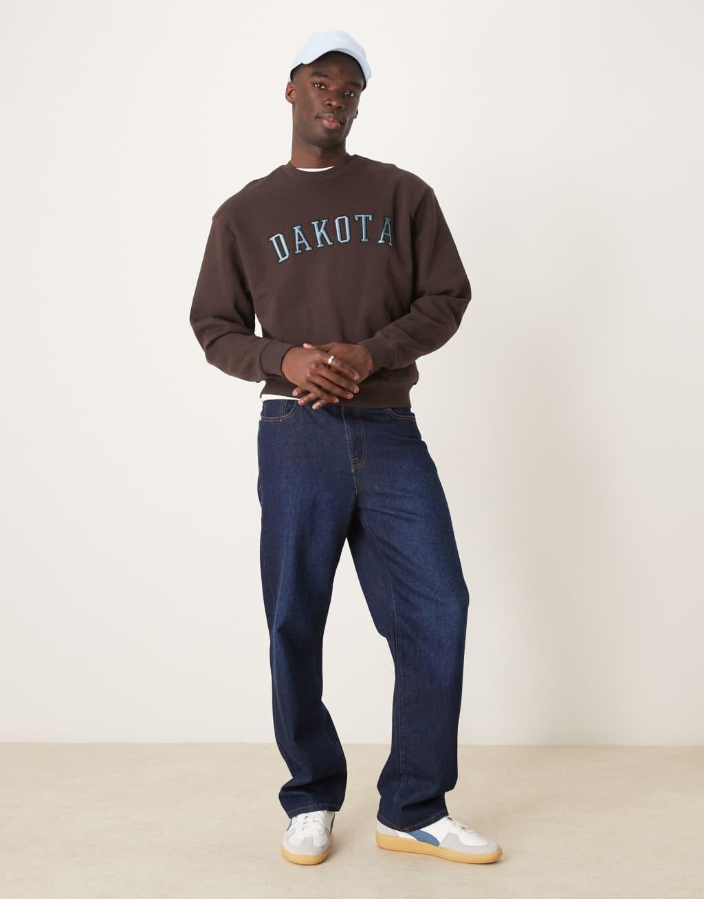 ASOS DESIGN boxy oversized sweatshirt with satin chest embroidery in brown Product Image
