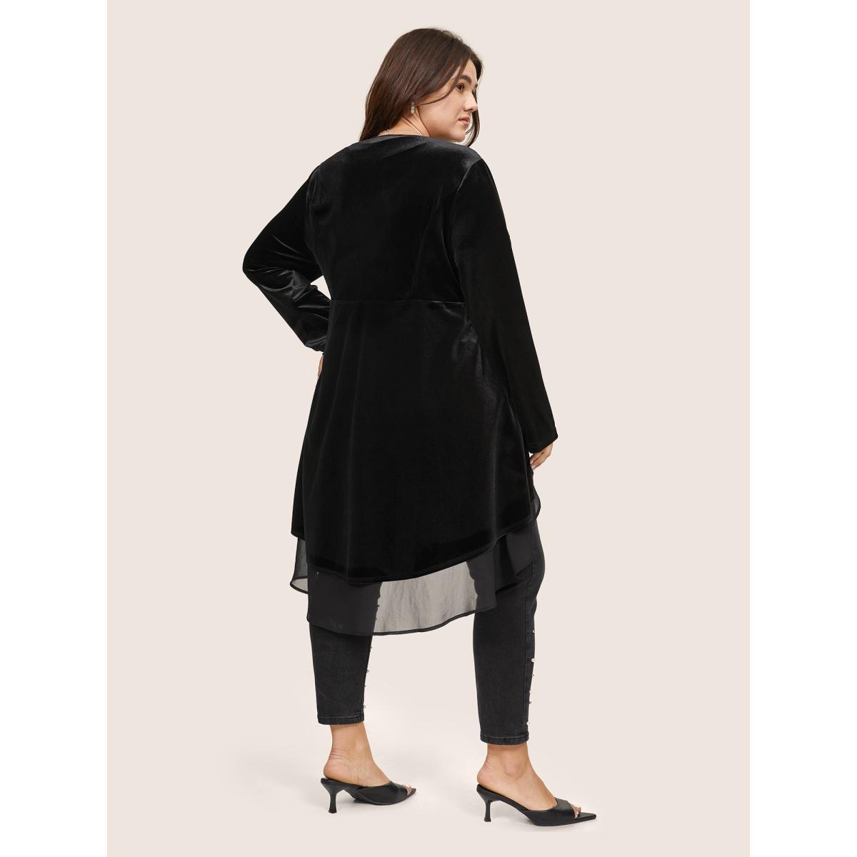 Plus Size Velvet Mesh Patchwork Asymmetrical Hem Coat Women Black Cocktail Velvet Ladies Party Winter Coats BloomChic 28/5X Product Image
