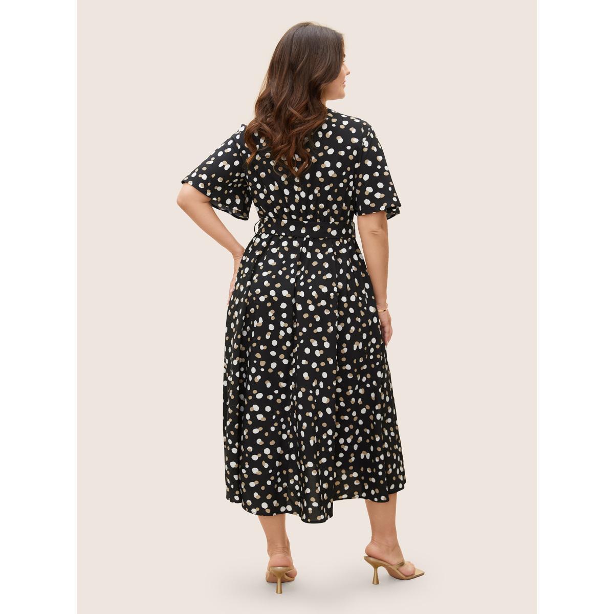 Plus Size Allover Print Wrap Flutter Sleeve Midi Dress Black Women Elegant Belted Overlap Collar Short sleeve Curvy BloomChic 26/4X Product Image