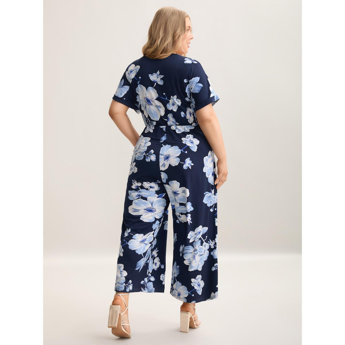 Plus Size DarkBlue Floral Print Knit Surplice Neck Jumpsuit Women Elegant Short sleeve Overlap Collar Everyday-Elegant Loose Jumpsuits BloomChic 12/L Product Image