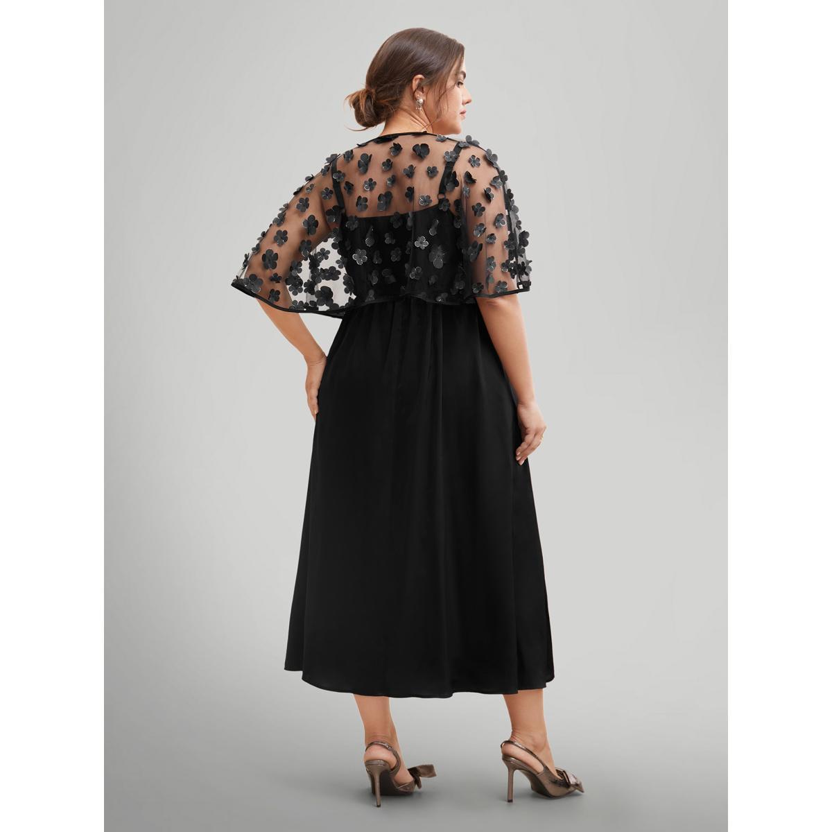 Plus Size Two-Piece Appliques Mesh Shawl Split Hem Dress Black Women Cocktail Texture Round Neck Short sleeve Curvy BloomChic 28/5X Product Image