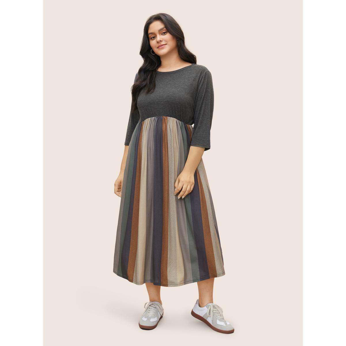 Plus Size Solid Patchwork Pocket Striped Flutter Hem Dress DimGray Women Casual Non Round Neck Elbow-length sleeve Curvy Midi Dress BloomChic 30/6X Product Image