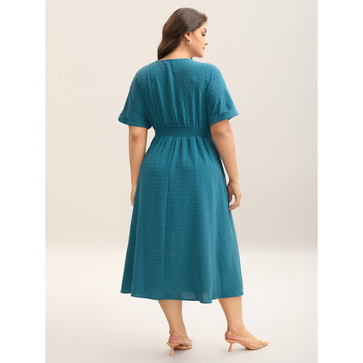 Plus Size Textured Stretchy Pleated Waist Midi Dress Aegean Women Overlap Collar Short sleeve Curvy BloomChic 28/5X Product Image