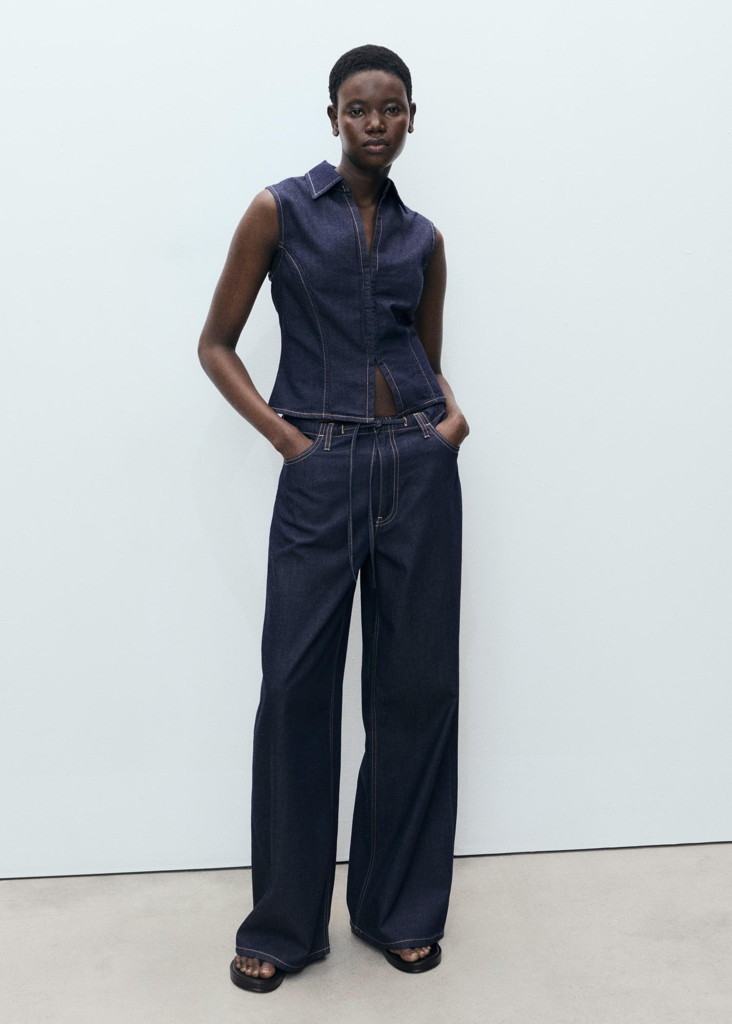 Wide-leg denim pants with belt - Women | MANGO USA Product Image