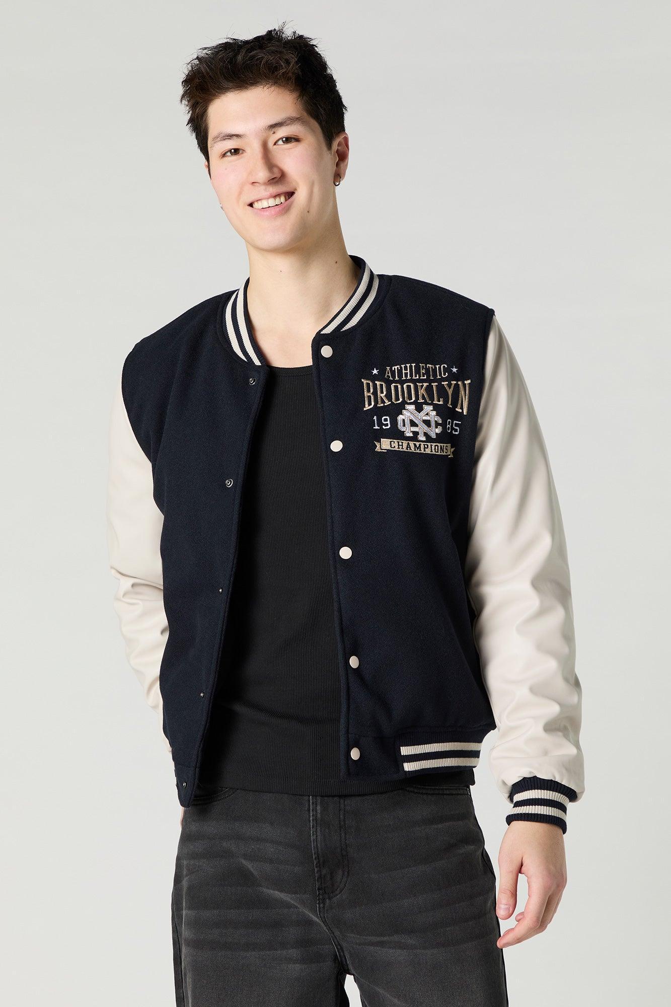City Embroidered Fleece Varsity Jacket Male Product Image