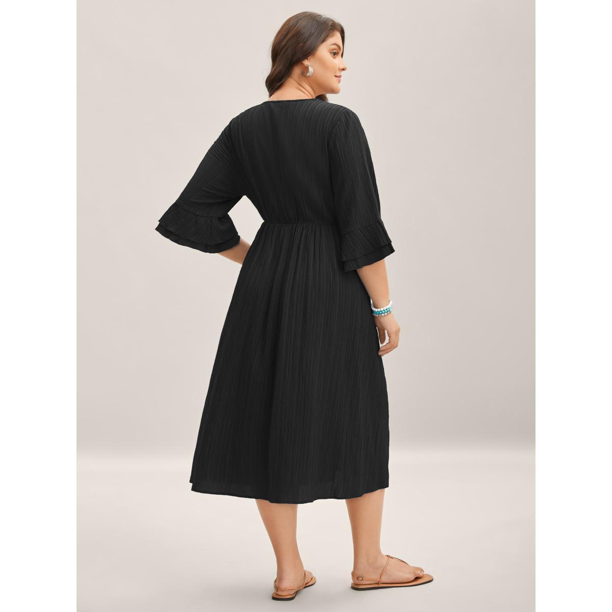 Plus Size Scalloped Lace Surplice Ruffled Midi Dress Black Women Overlap Collar Elbow-length sleeve Curvy BloomChic 30/6X Product Image