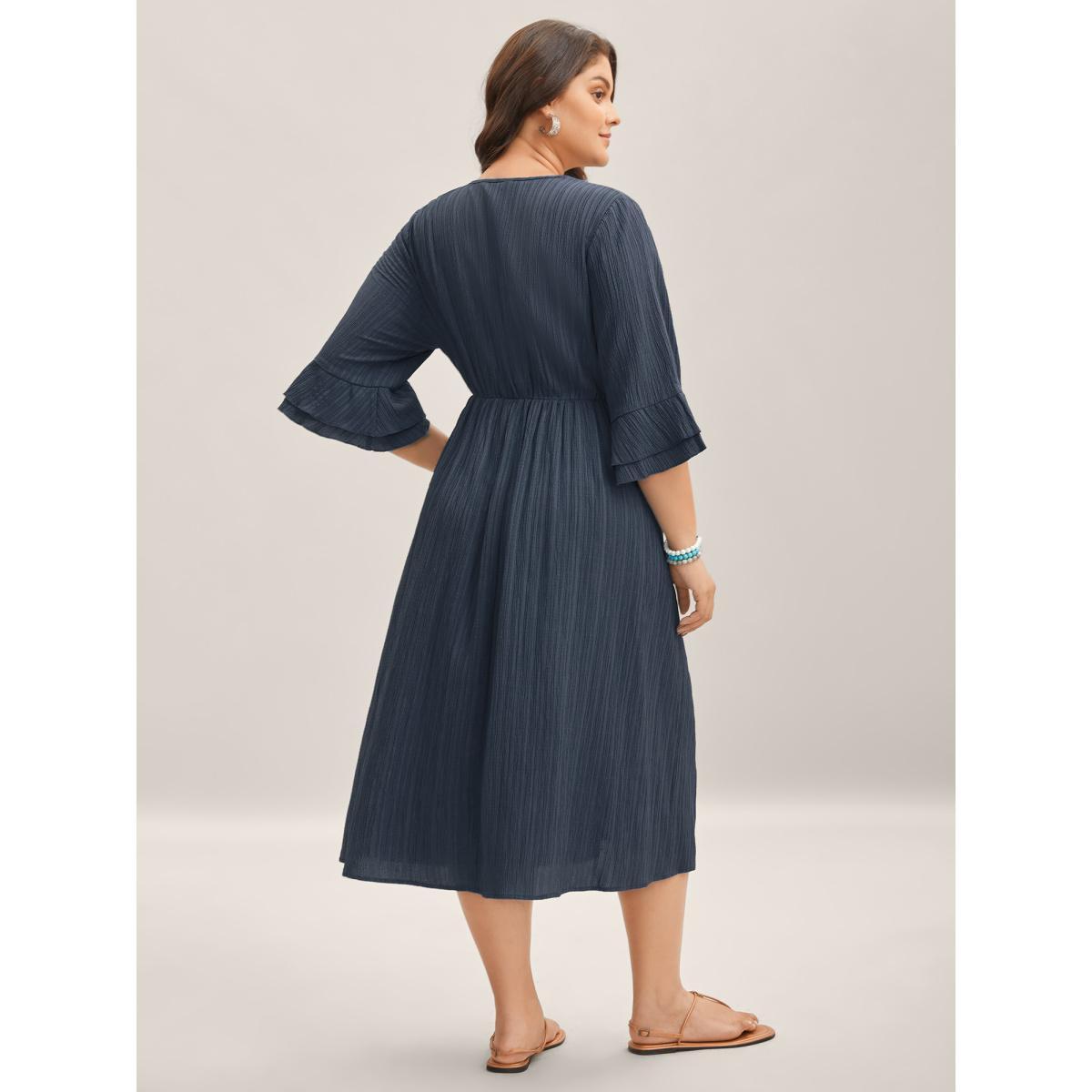 Plus Size Scalloped Lace Surplice Ruffled Midi Dress DarkBlue Women Overlap Collar Elbow-length sleeve Curvy BloomChic 14-16/1X Product Image