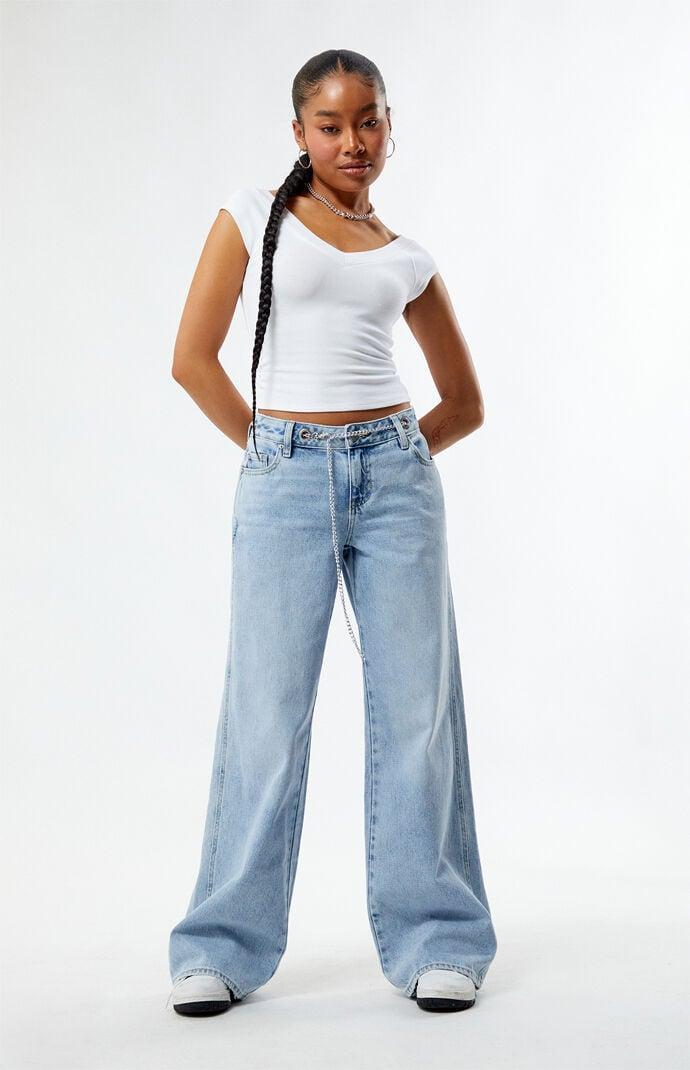 Womens Light Indigo Grommet Low Rise Baggy Jeans Product Image