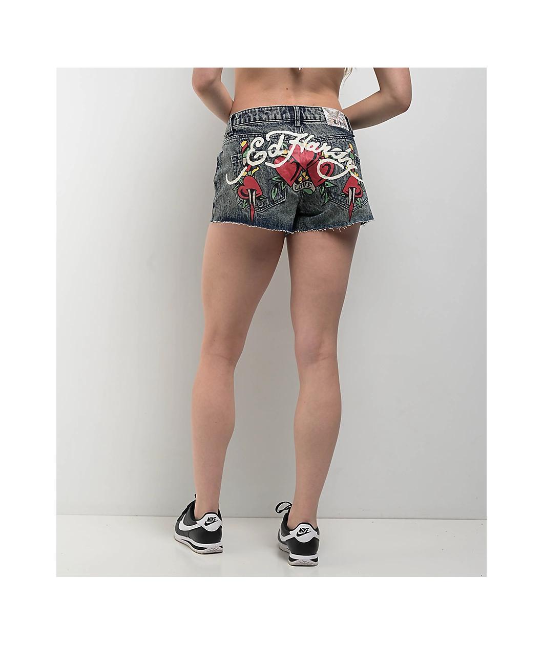 Ed Hardy Heart Dagger Blue Wash Denim Cutoff Shorts Product Image