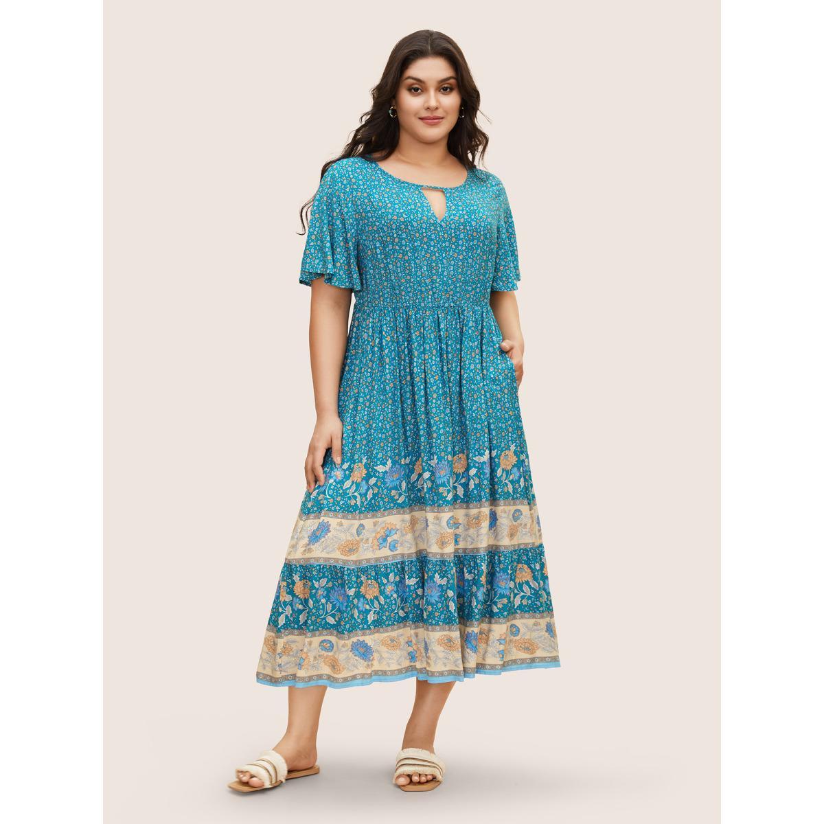 Plus Size Bandana Keyhole Ruffle Sleeve Midi Dress Mediumblue Women Resort Gathered Notched collar Short sleeve Curvy BloomChic 22-24/3X Product Image