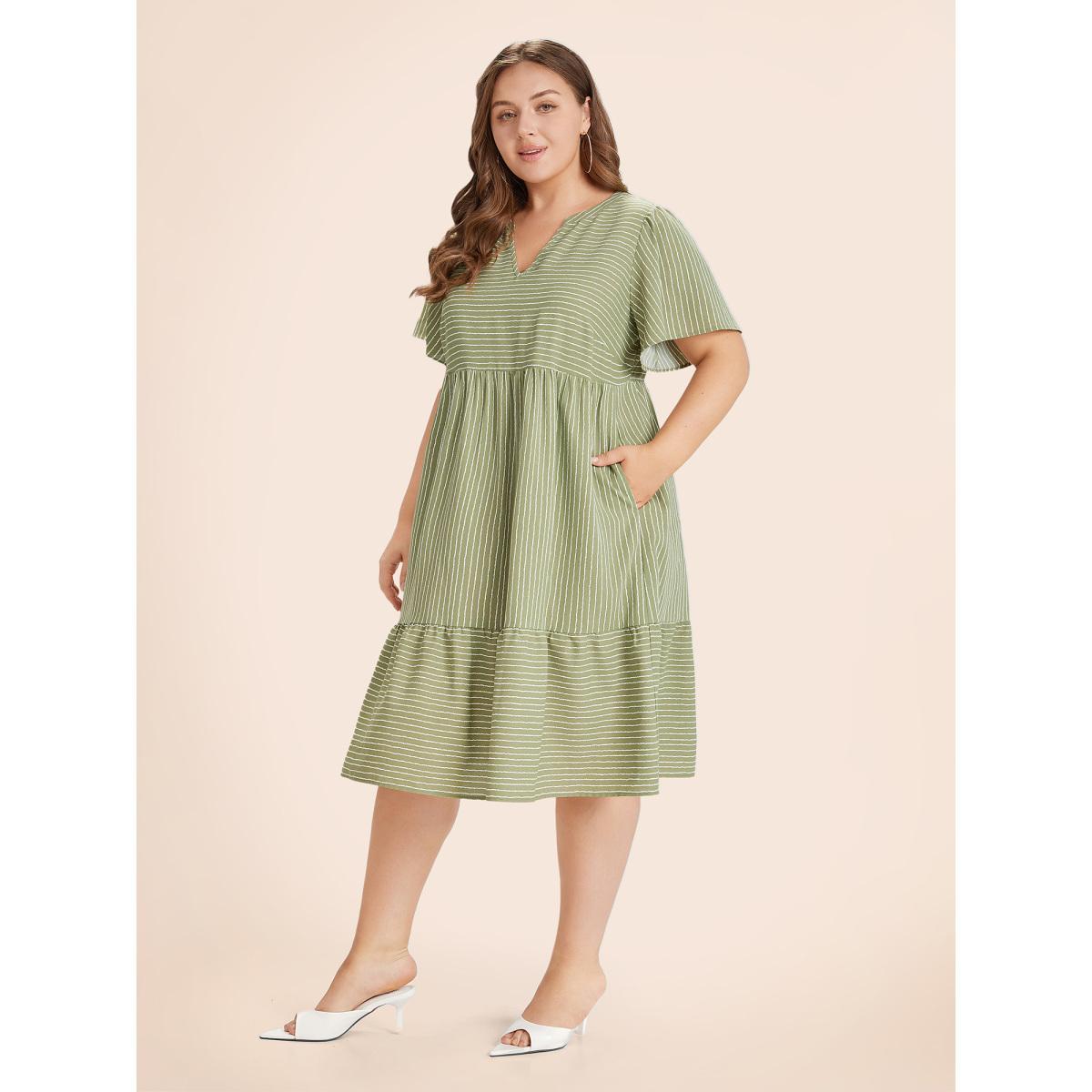 Plus Size Striped Patchwork Notched Flutter Layered Babydoll Dress Moss Women Office Gathered Notched collar Short sleeve Curvy Midi Dress BloomChic 14-16/1X Product Image