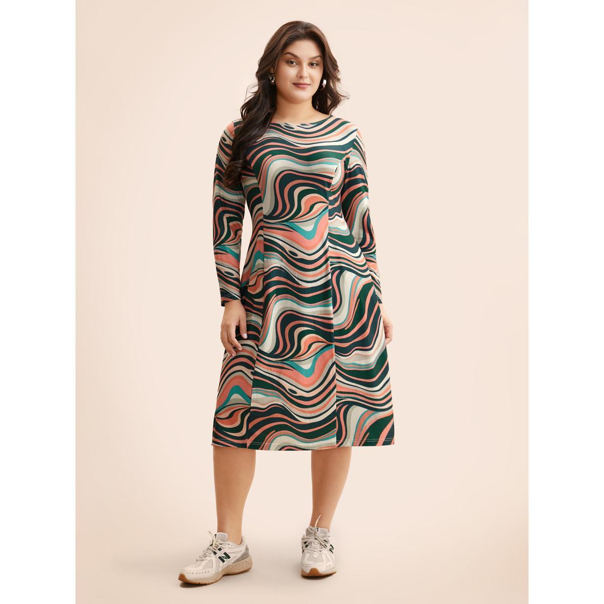 Plus Size Water Ripple Boat Neck Midi Dress Multicolor Women Casual Contrast Boat Neck Long Sleeve Curvy BloomChic 28/5X Product Image