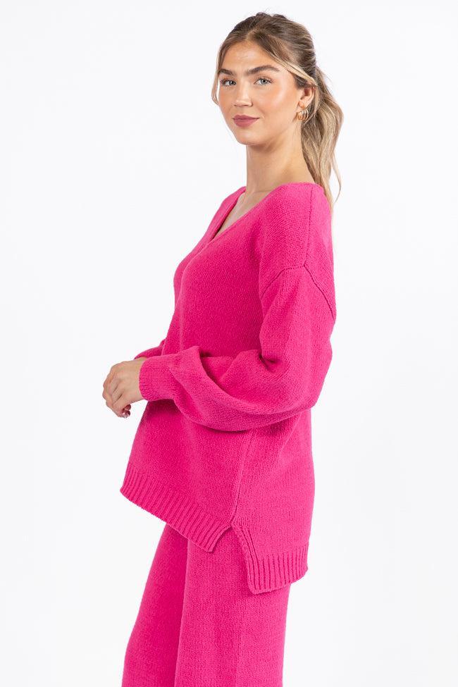 Cozy For Keeps Hot Pink V-Neck Sweater SALE Product Image