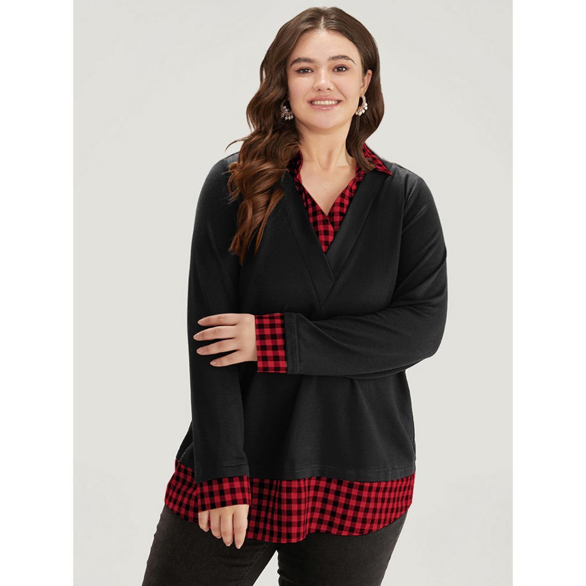 Plus Size Gingham Patchwork Shirt Collar Arc Hem Sweatshirt Women Multicolor Casual Patchwork V-neck Everyday Sweatshirts BloomChic 18-20/2X Product Image
