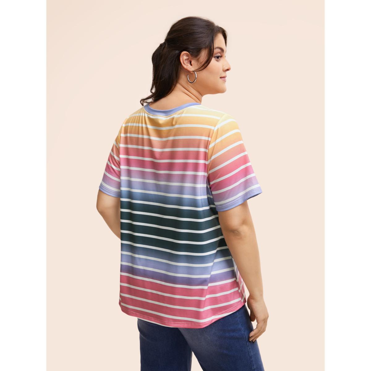 Plus Size Round Neck Contrast Striped T-shirt Multicolor Women Casual Contrast Round Neck Everyday T-shirts BloomChic 18-20/2X Product Image