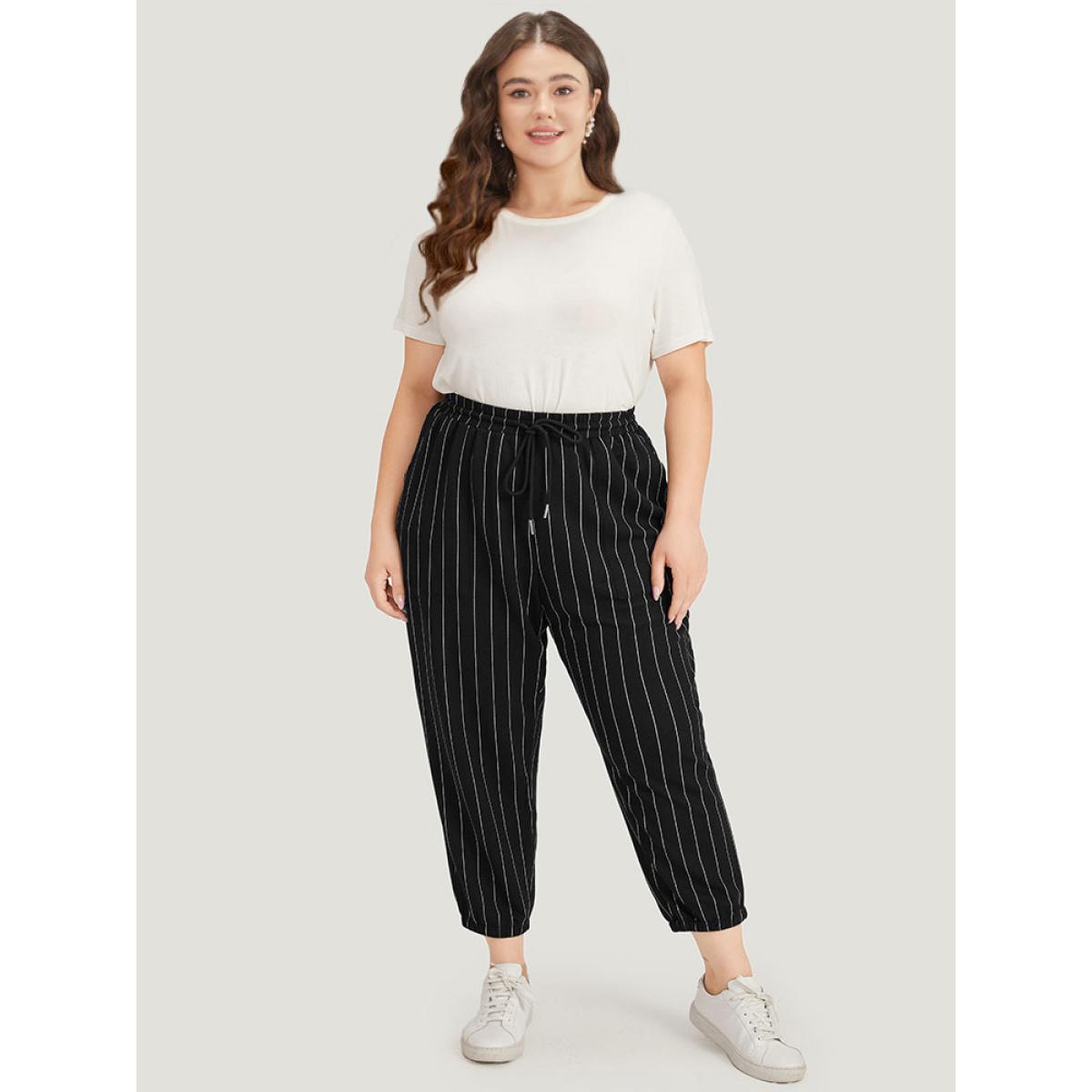 Plus Size Striped Elastic Waist Pocket Drawstring Sweatpants Women Black Casual High Rise Dailywear Pants BloomChic 28/5X Product Image