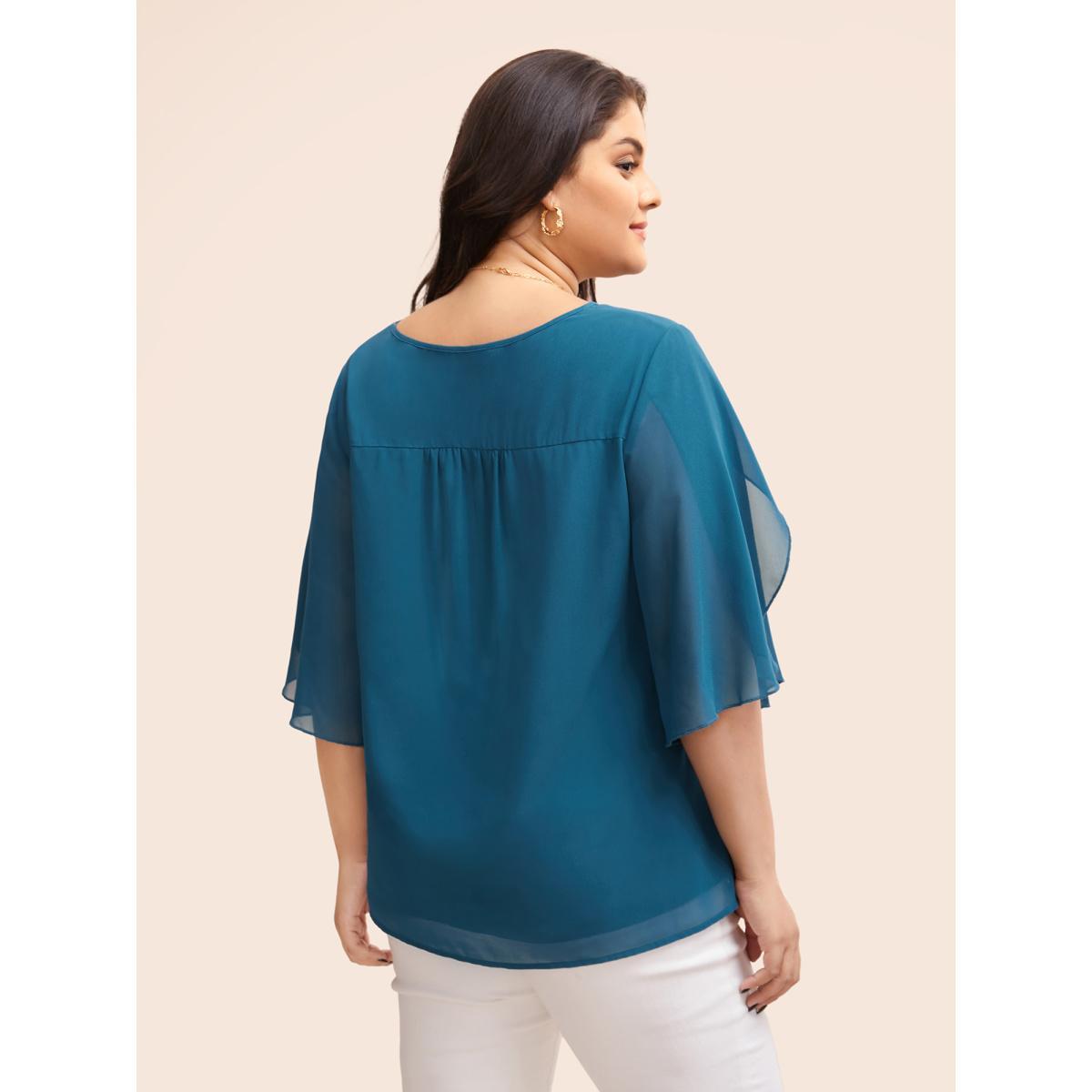 Plus Size Aegean Chiffon Gathered Petal Sleeve Blouse Women Elegant Elbow-length sleeve V-neck Everyday Blouses BloomChic 30/6X Product Image