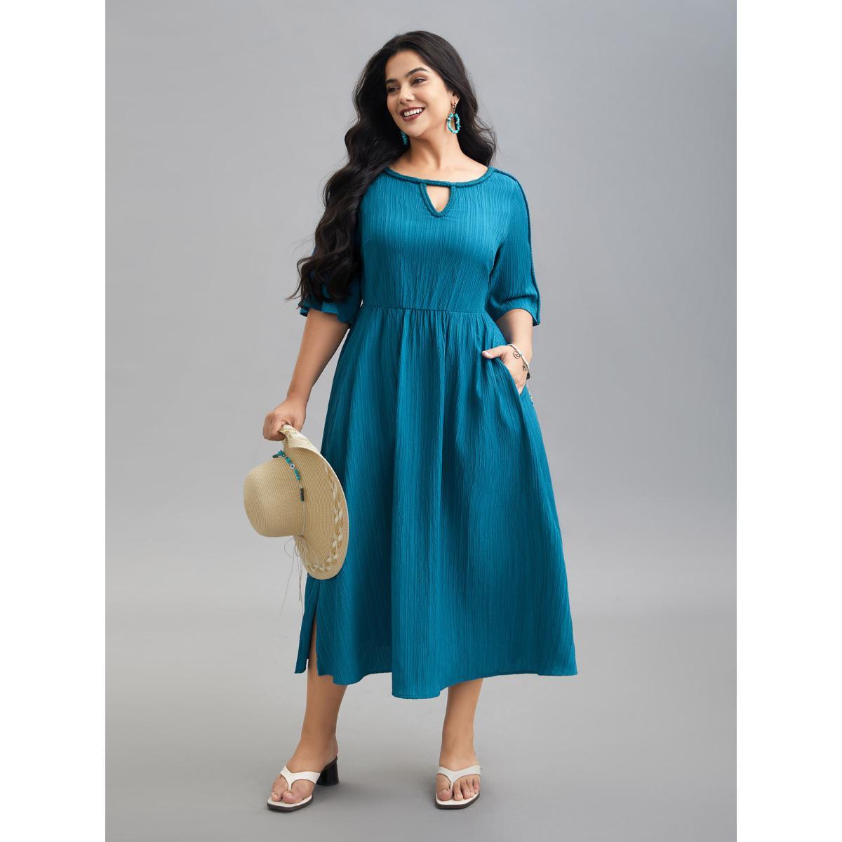 Plus Size Neck Cut-Out Textured Midi Dress Aegean Women Resort Woven ribbon&lace trim Round Neck Half Sleeve Curvy BloomChic 28/5X Product Image