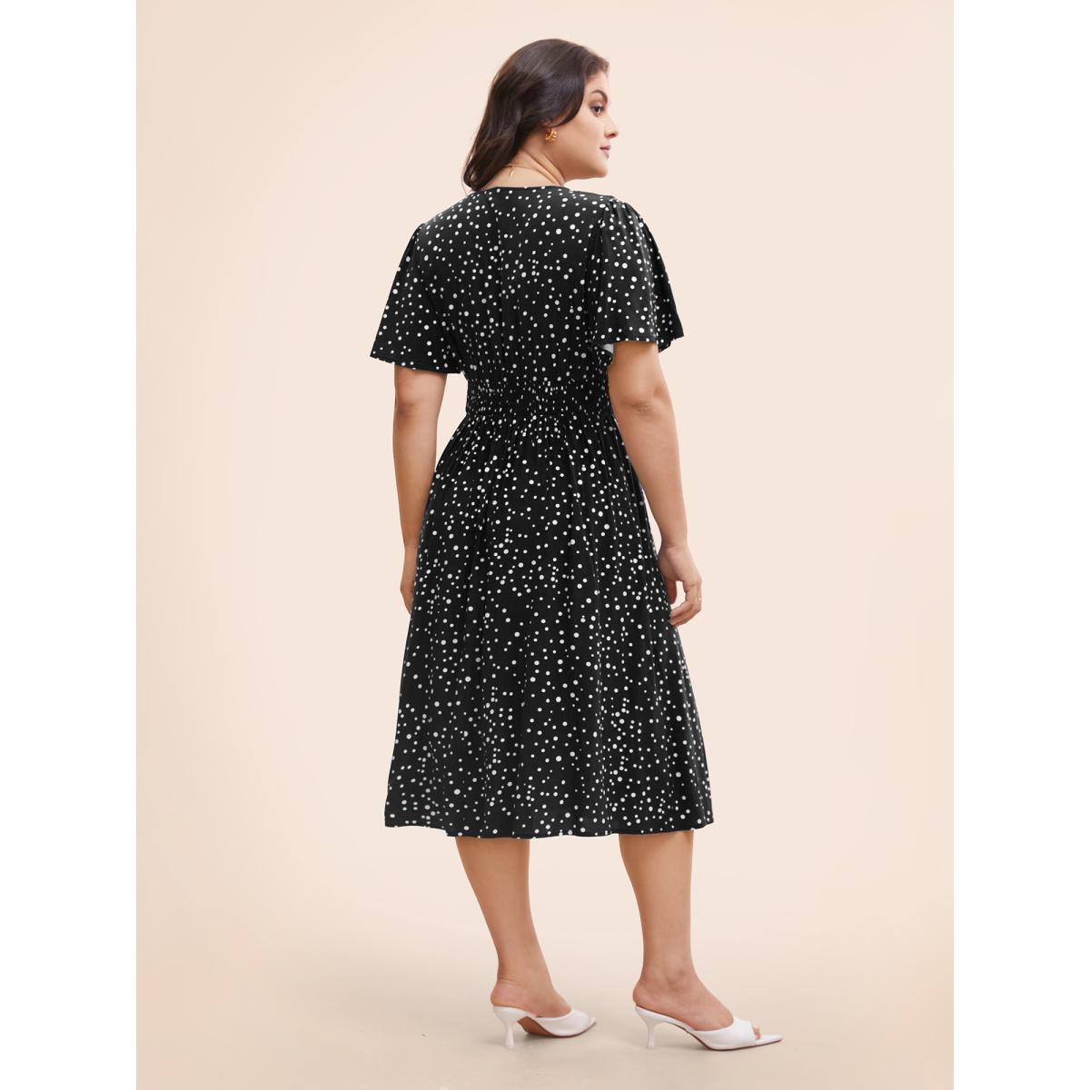 Plus Size Polka Dot Wrap Pocket Shirred Ruffle Sleeve Dress Black Women Elegant Patchwork Curvy Midi Dress BloomChic 12/L Product Image