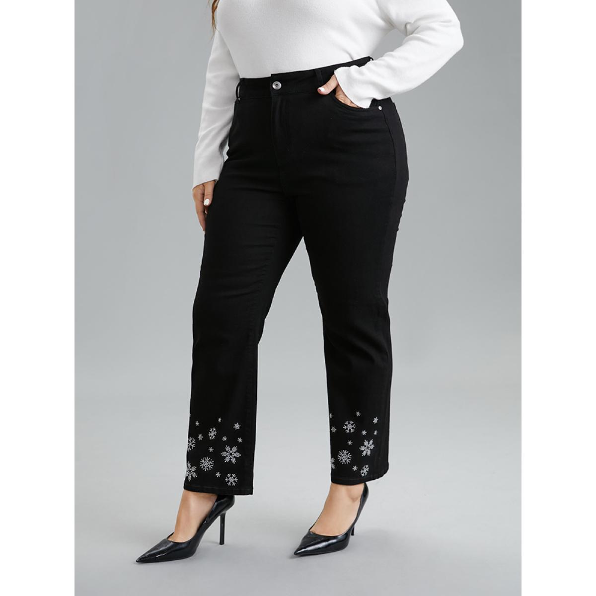Plus Size Snowflake Rhinestone Very Stretchy Jeans Women Black Casual Graphic-Christmas Rhinestone detailing High stretch Pocket Jeans BloomChic 30/6X Product Image