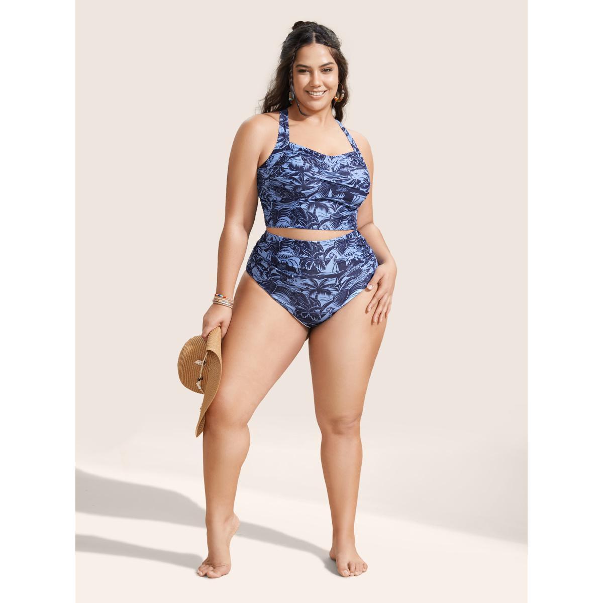 Plus Size Heart Neckline Tropical Print Crossover Swim Top Women's Swimwear Indigo Beach Twist High stretch Bodycon Heart neckline Curve Swim Tops BloomChic 18-20/2X Product Image