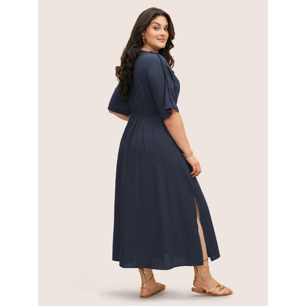 Plus Size V Neck Shirred Contrast Webbing Split Side Dress DarkBlue Women Resort Texture V-neck Half Sleeve Curvy BloomChic 26/4X Product Image