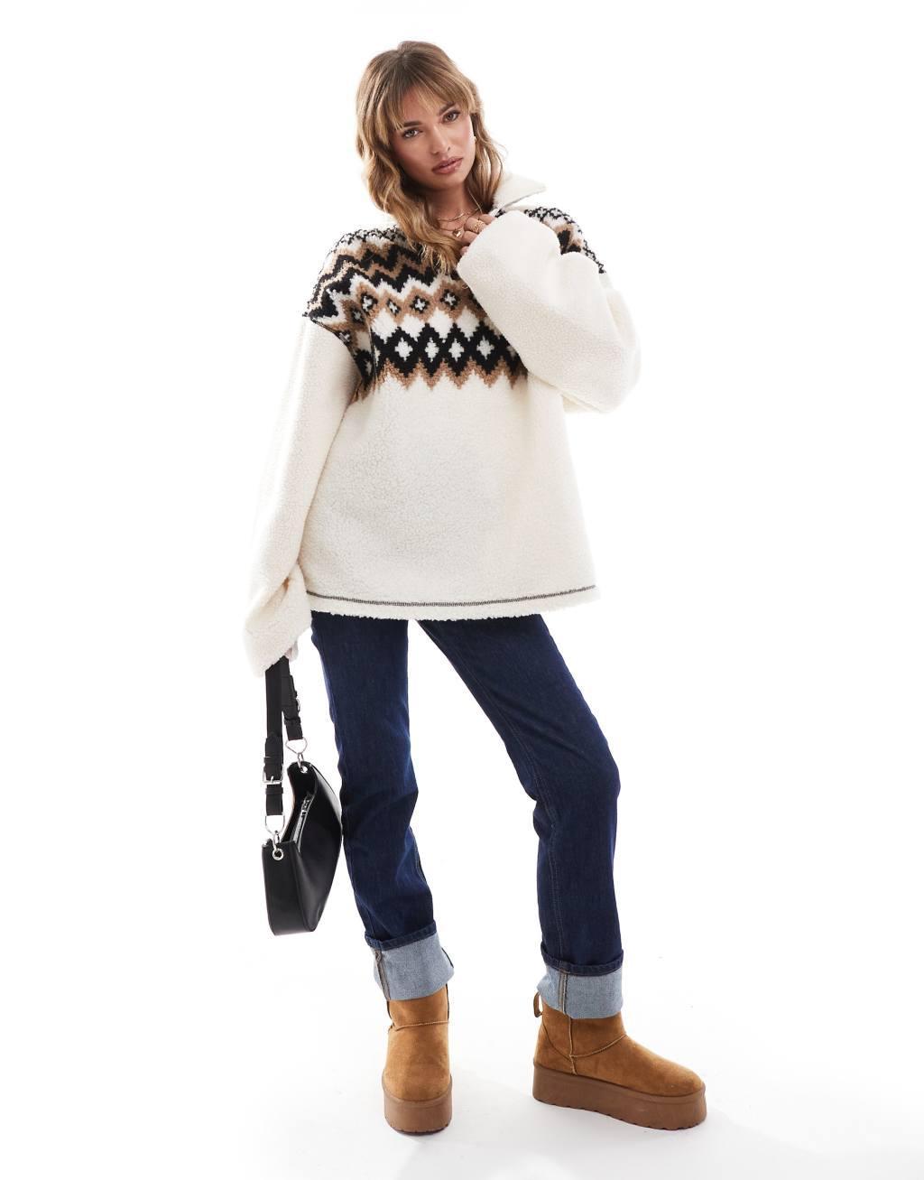 ASOS DESIGN borg half zip with fairisle design Product Image