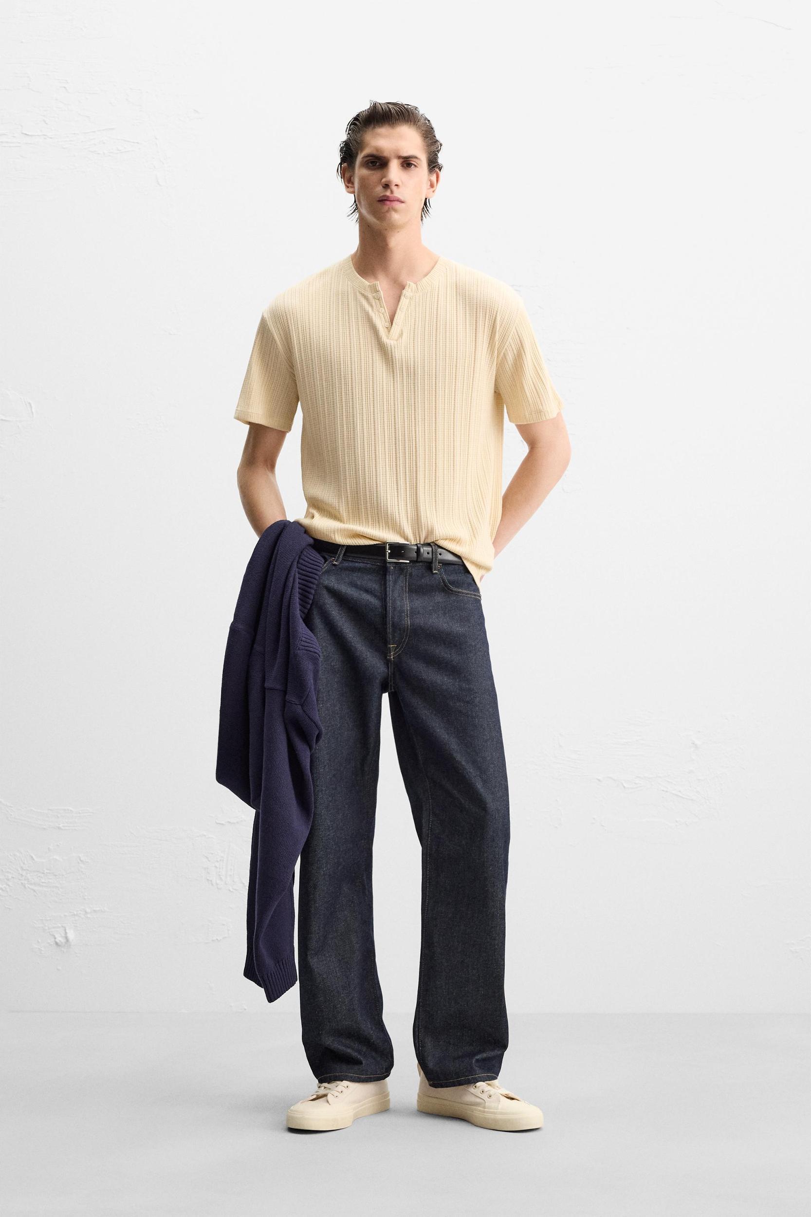 PLEATED BUTTON NECKLINE T-SHIRT Product Image