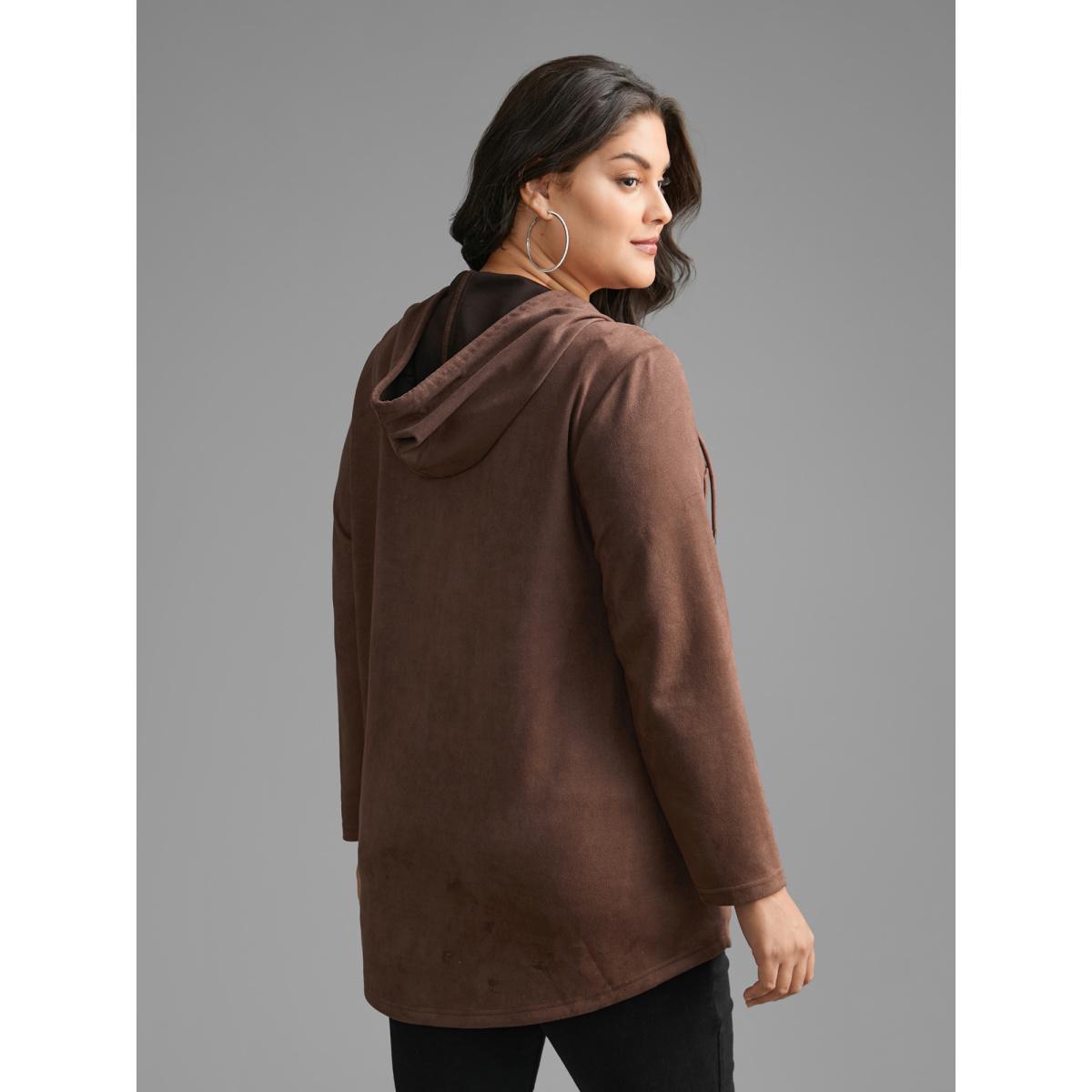 Plus Size Faux Suede Pocket Hooded Drawstring Jacket Women DarkBrown Drawstring Loose Side seam pocket Everyday Jackets BloomChic 14-16/1X Product Image