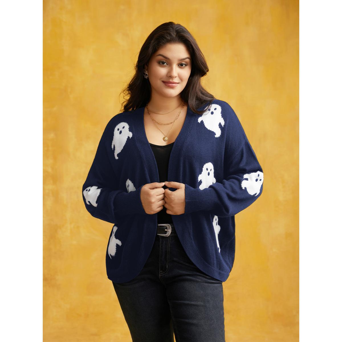 Plus Size Happy Ghost Jacquard Arc Cardigan Indigo Women Casual Loose Long Sleeve Everyday Cardigans BloomChic 14-16/1X Product Image