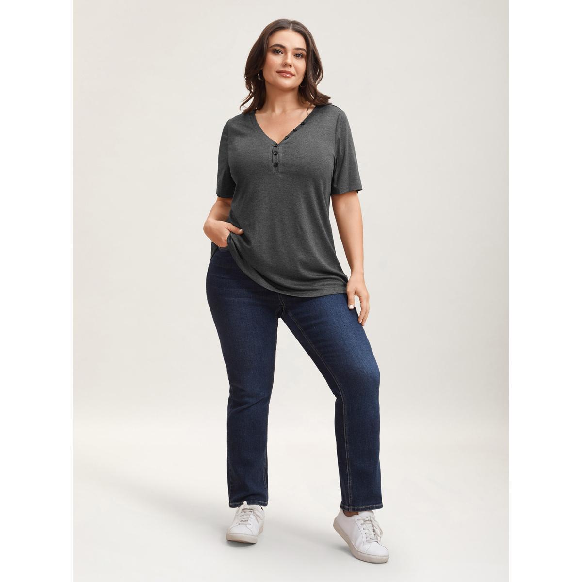 Plus Size Adjustable Neck Coverage Button Placket T-Shirt DimGray Women Casual Button V-neck Everyday T-shirts BloomChic 12/L Product Image