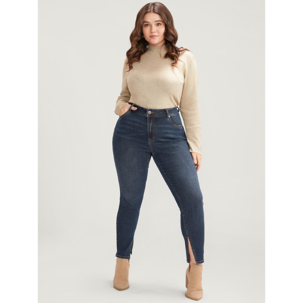 Plus Size Mom Jeans Skinny Moderately Stretchy High Rise Medium Wash Split Jeans Women Indigo Casual Plain Medium stretch Pocket Jeans BloomChic 26/4X Product Image