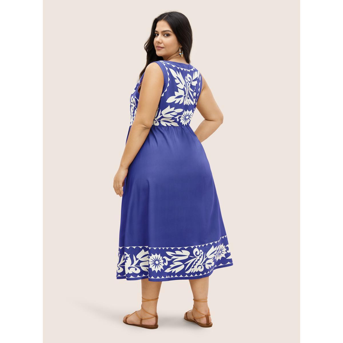 Plus Size Boho Print Square Neck Elastic Waist Tank Dress Skyblue Women Resort Gathered Round Neck Sleeveless Curvy Midi Dress BloomChic 22-24/3X Product Image