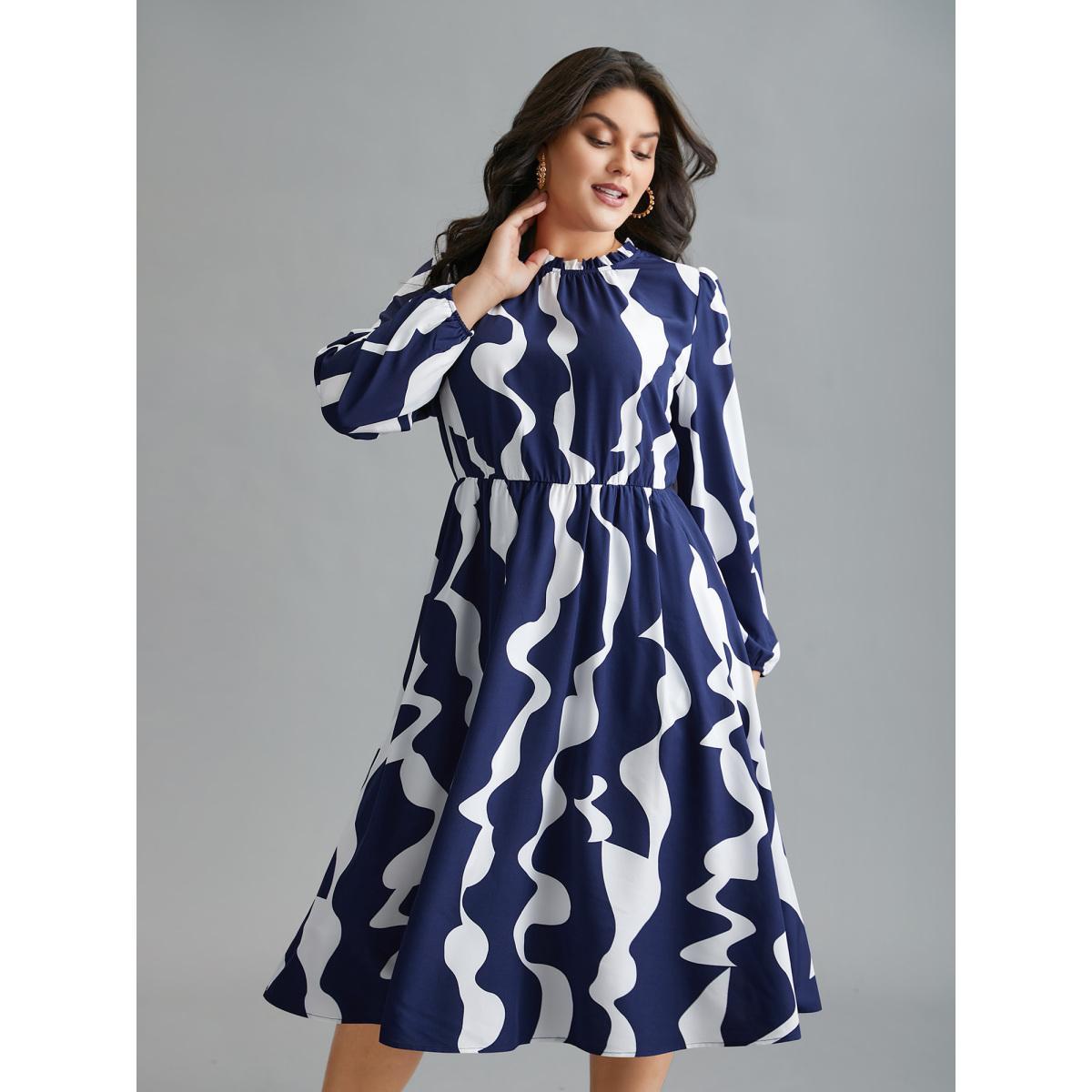 Plus Size Round Neck Color Contrast Frill Trim Dress Navy Women Elegant Frill Trim Round Neck Long Sleeve Curvy BloomChic 10/M Product Image