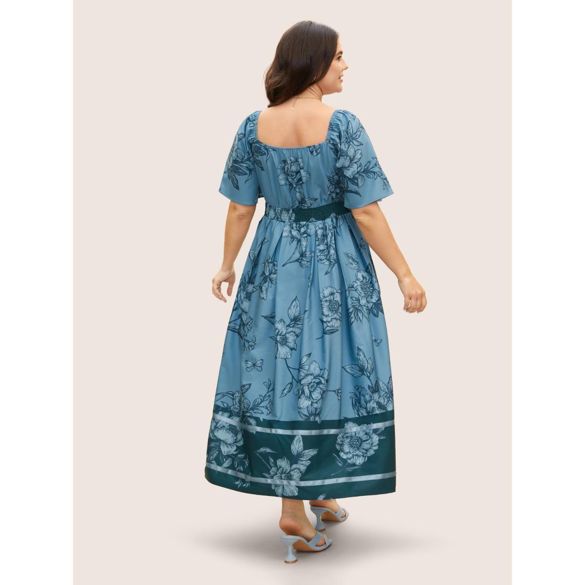 Plus Size Boho Print Heart Neckline Ruffle Sleeve Maxi Dress Cerulean Women Elegant Woven ribbon&lace trim Square Neck Short sleeve Curvy BloomChic 30/6X Product Image