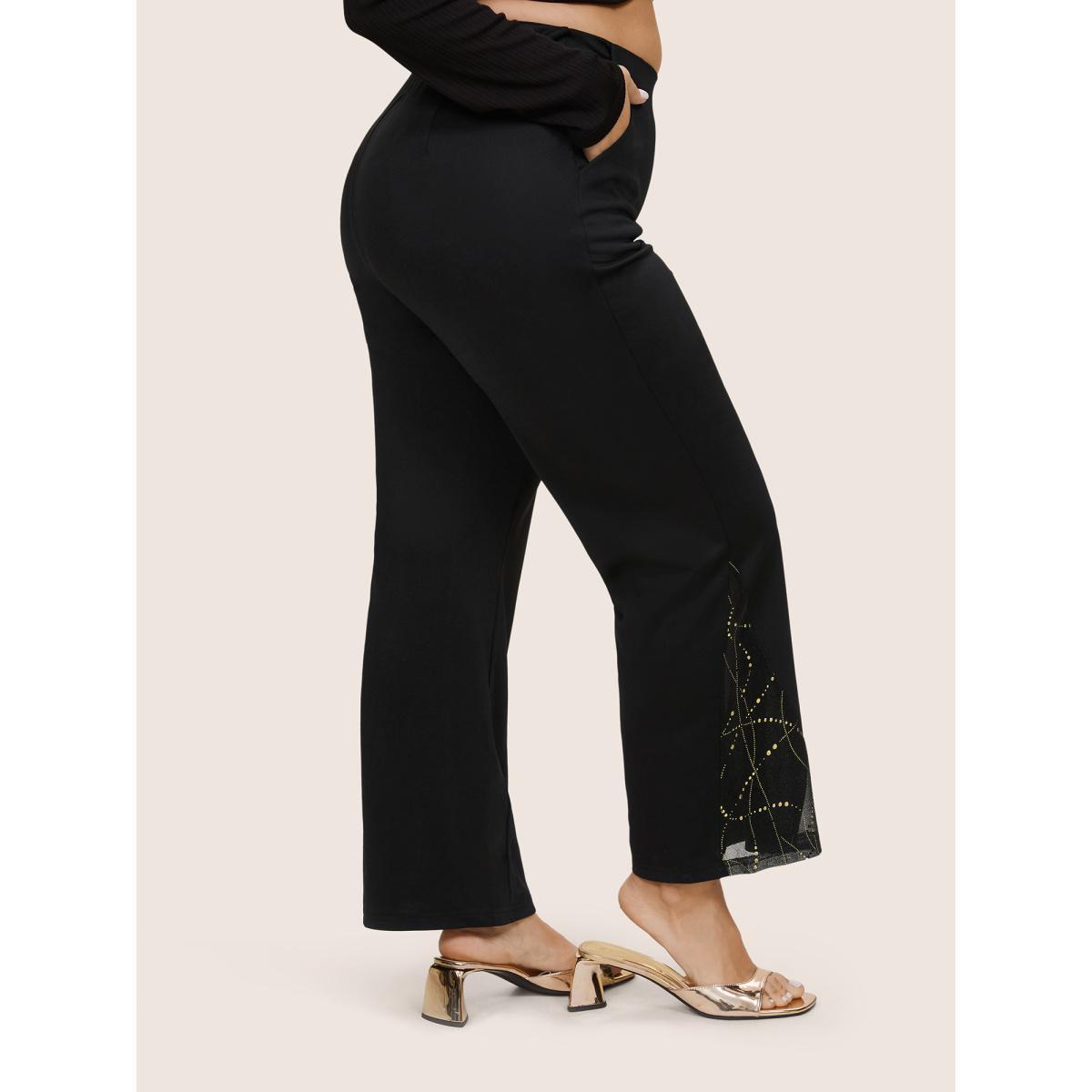 Plus Size Plain Rhinestone Patchwork Mesh Bootcut Pants Women Black Glamour Bootcut High Rise Party Pants BloomChic 14-16/1X Product Image