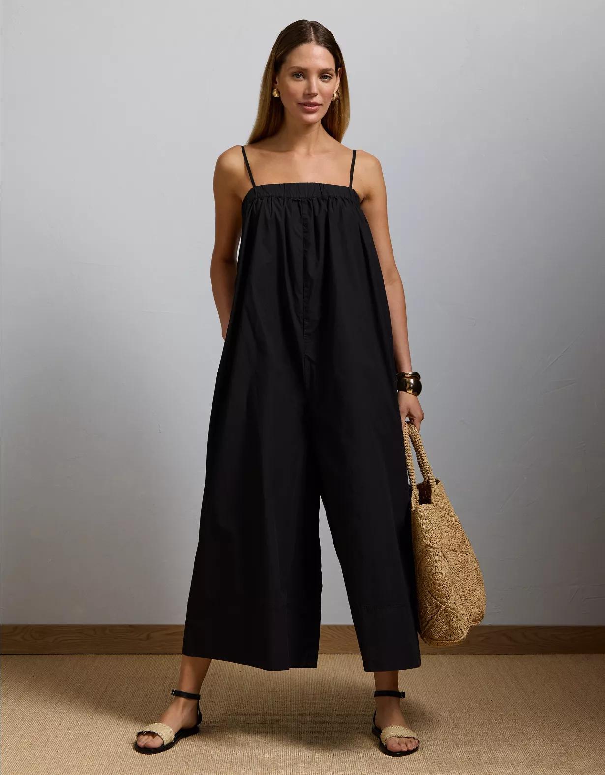 AE77 Premium Wide-Leg Cropped Poplin Jumpsuit Product Image