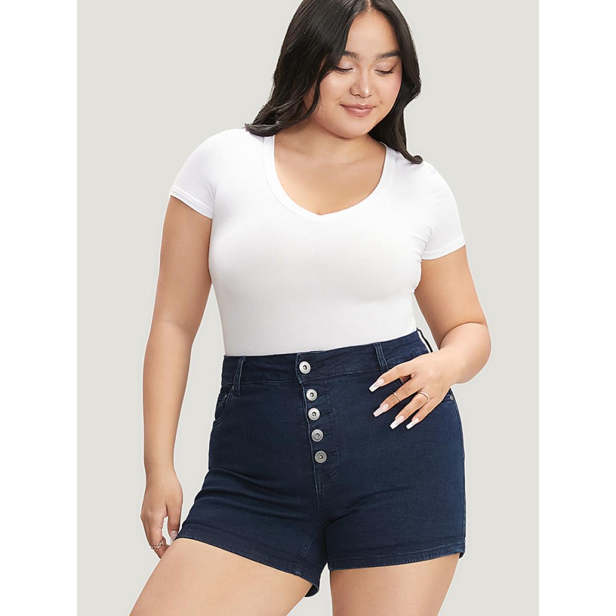 Plus Size Slightly Stretchy High Rise Dark Wash Single Breasted Denim Shorts Women DarkBlue Casual Plain Button Low stretch Pocket Jeans BloomChic 12/L Product Image