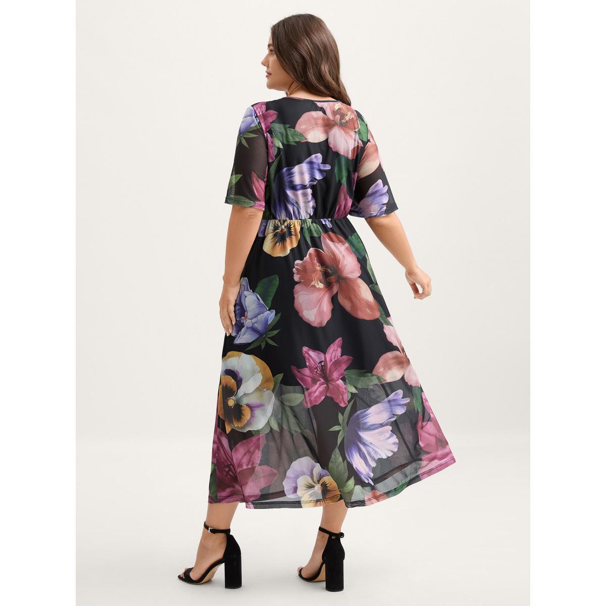 Plus Size Large Floral Print Twist Front Midi Dress RedViolet Women V-neck Short sleeve Curvy BloomChic 12/L Product Image